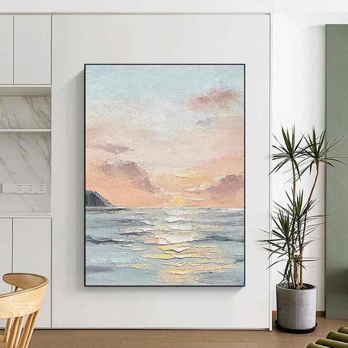 Sunset Hand-Painted Seaside - big modern art for loft
